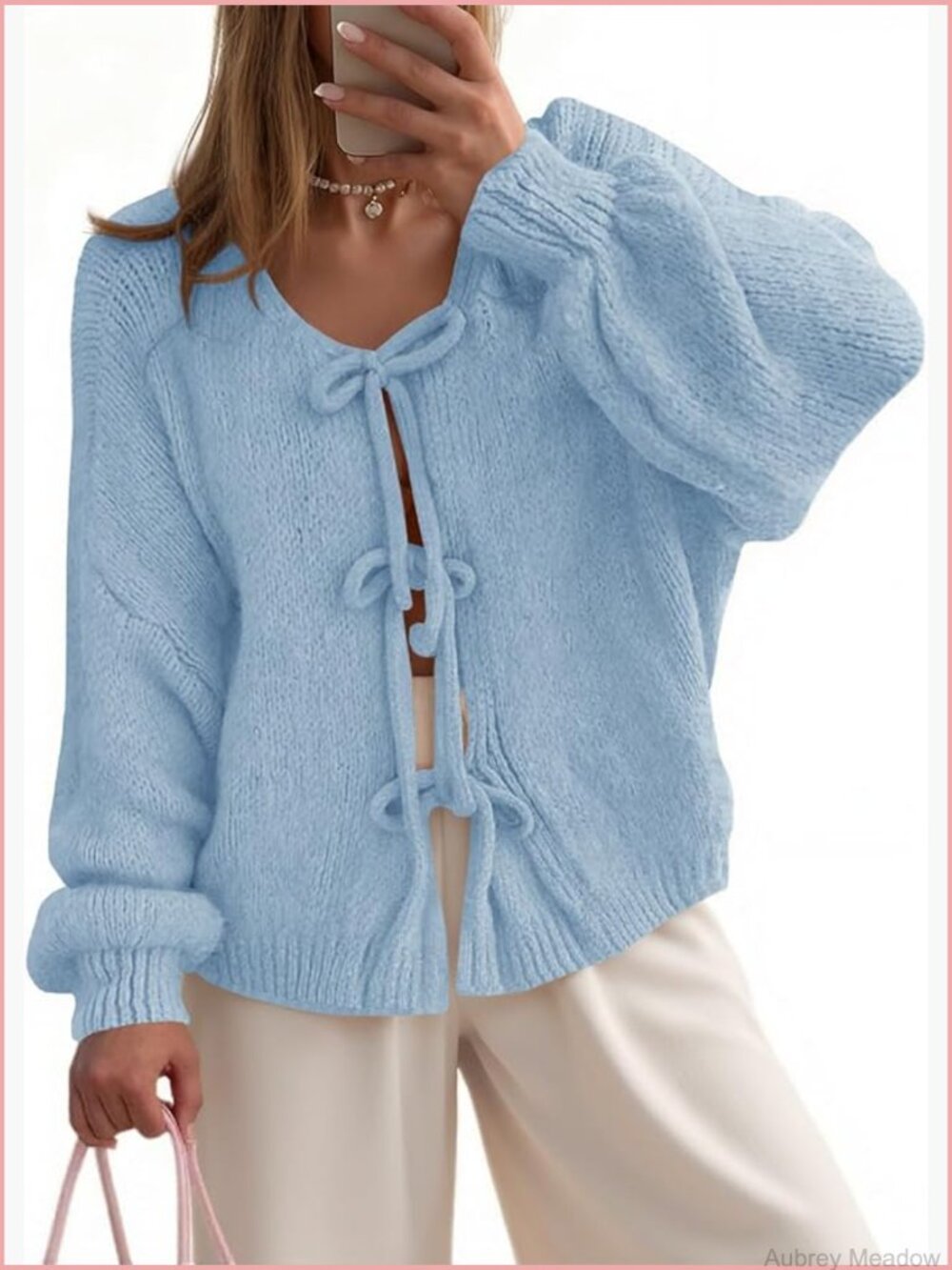 Bow Tie Front Open Cardigan Oversized Long Sleeve Knit Tops Sweaters